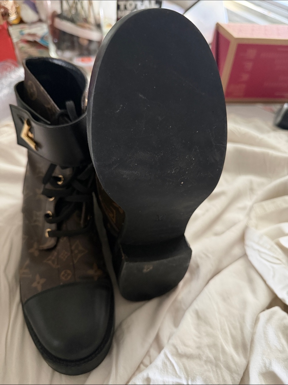 Louis Vuitton Brown Monogram Lace-Up Combat Boots with Black Cap